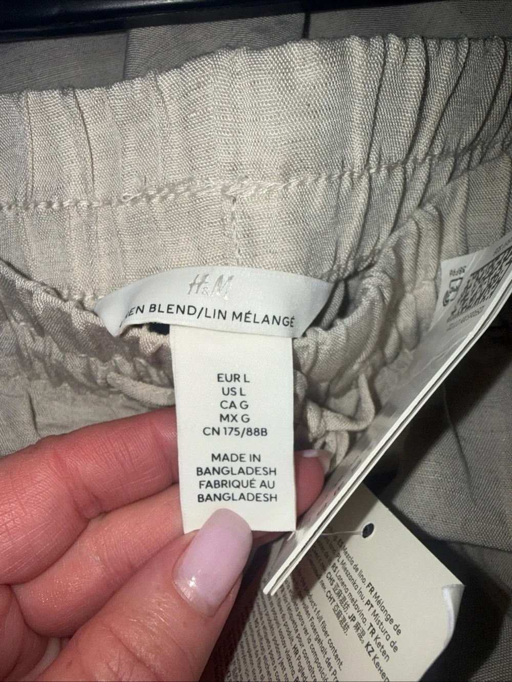 H&M Womens Large Light Beige Linen-Blend Elastic Waist Straight Leg Pants NWT